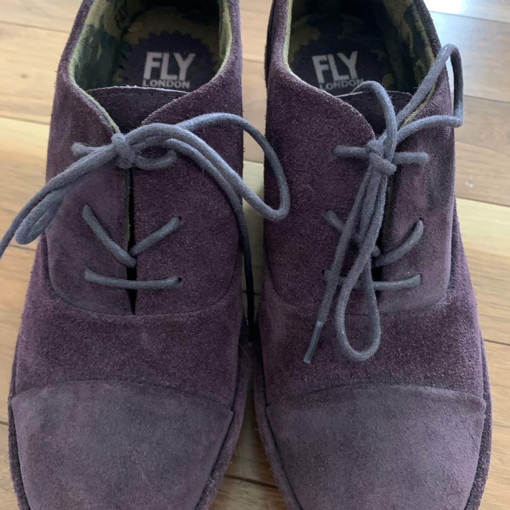 Fly London Purple Suede Wedge Oxfords with Green Platform - Picture 4 of 8